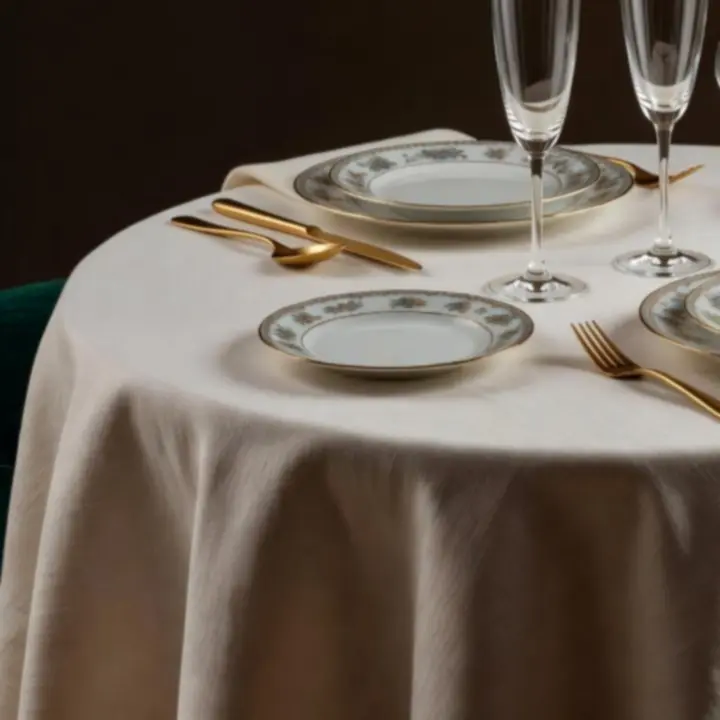 Table de prestige dressée avec nappes en lin, vaisselle élégante et lumière tamisée sur fond de velours