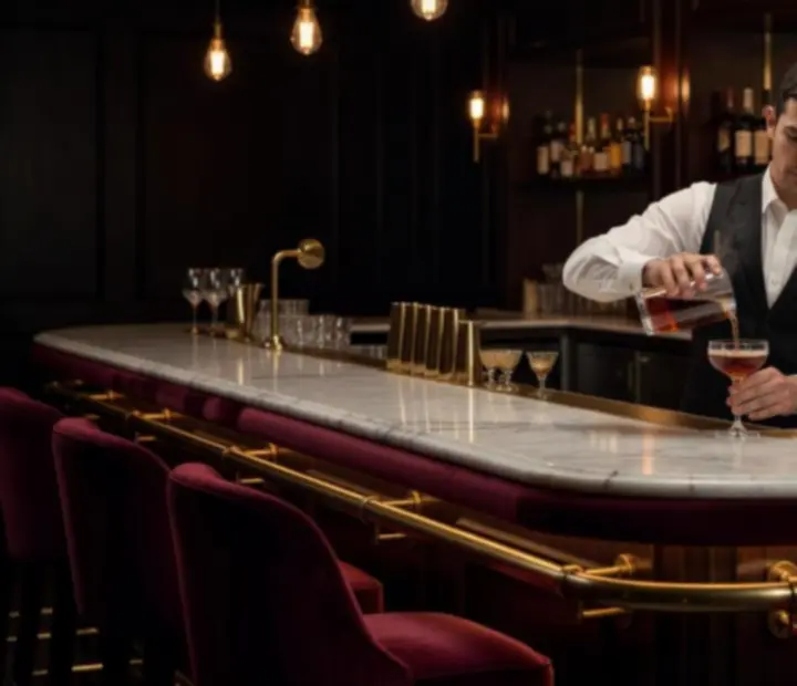 Bar en marbre et laiton avec cocktails signature Maison Safran