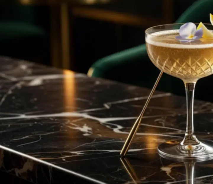 Cocktail signature pétillant servi dans un verre raffiné, éclairage doré et décor de marbre sombre