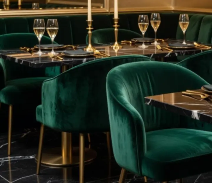 Décor en velours émeraude, marbre noir et laiton brossé chez Maison Safran