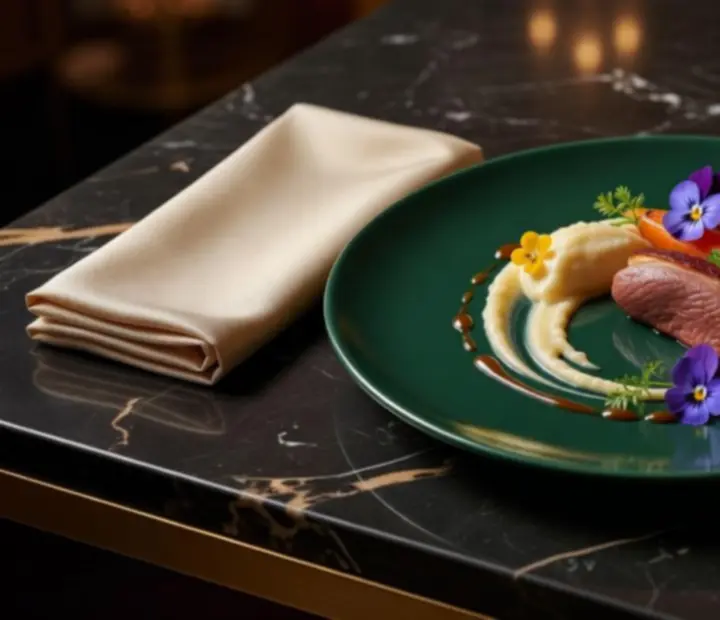 Assiette gastronomique Maison Safran aux accents bourgogne et émeraude