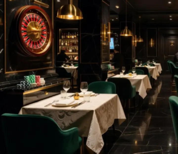 Table dressée chez Maison Safran dans une lumière cinématographique, marbre noir et verrerie étincelante