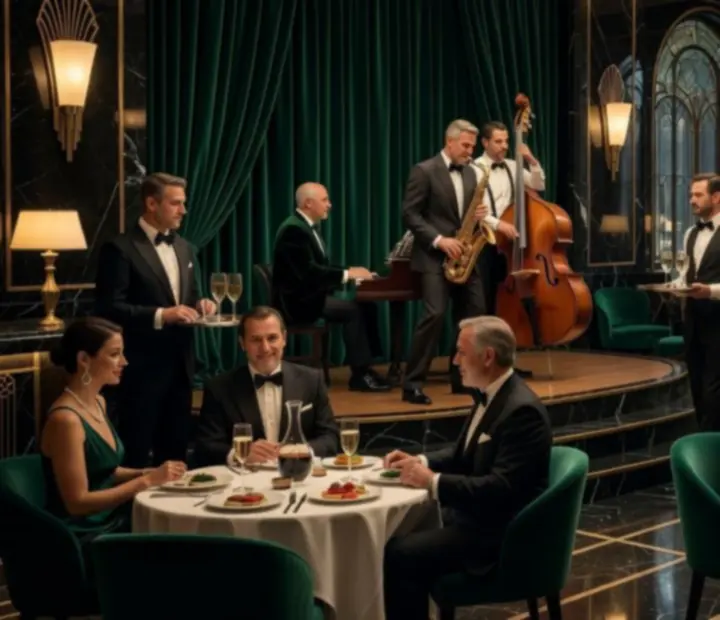 Musiciens de jazz jouant en live dans un salon élégant pendant un dîner Maison Safran