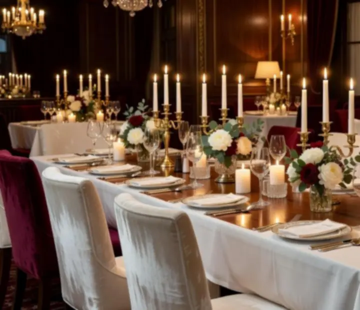 Table de soirée privée avec fleurs et lumière tamisée