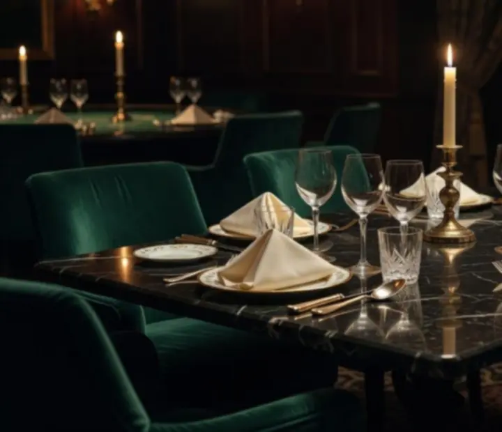 Table sur marbre noir avec nappes velours et lumière dorée