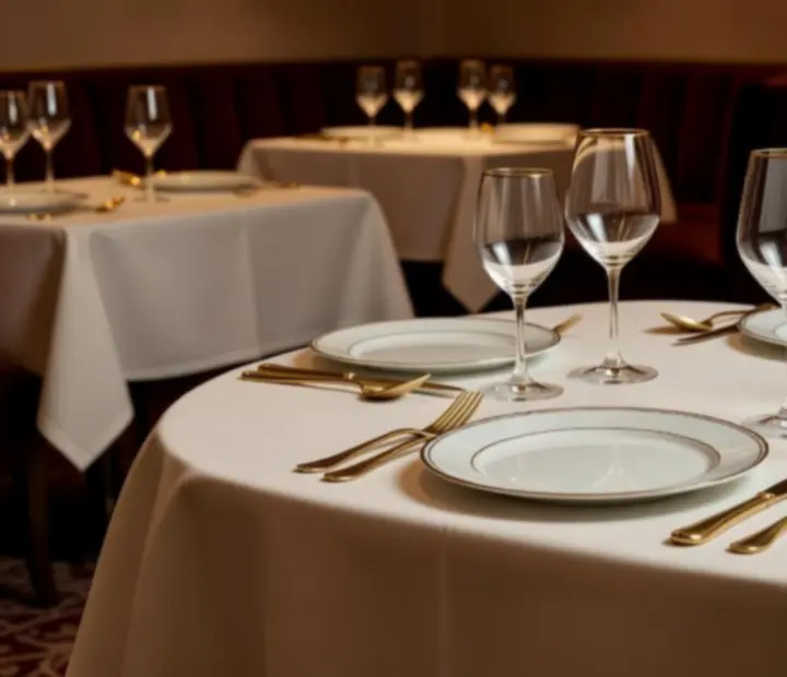 Tables dressées avec nappes ivoires, verres ciselés et vaisselle précieuse